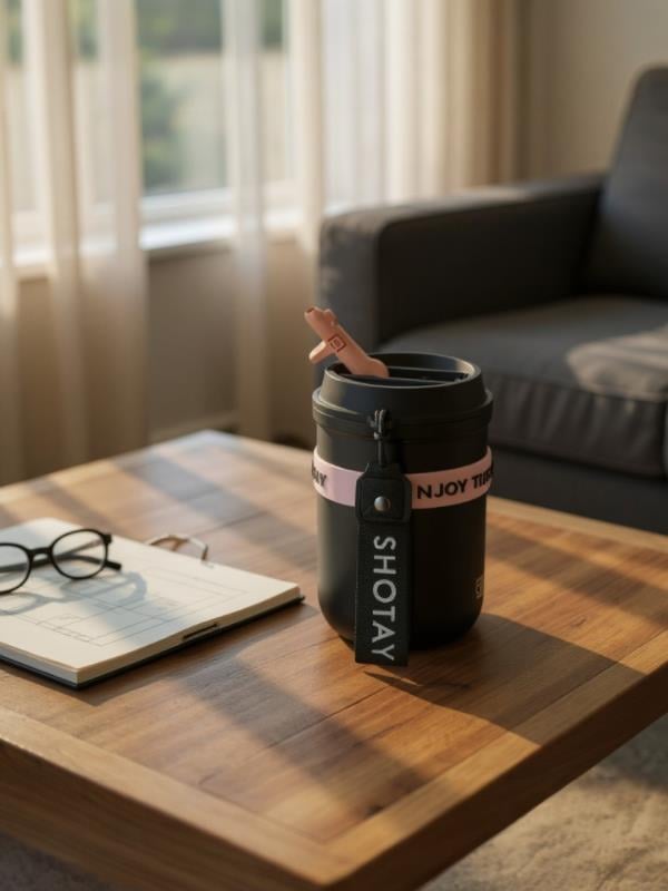 Shotay Strow Coffe Çelik Mug 410 ML Siyah Renk - SHT-ST-8136