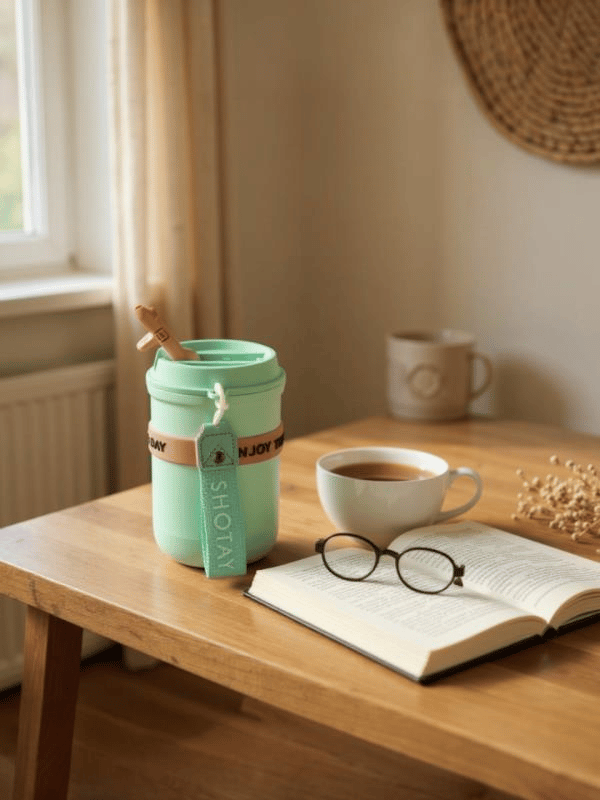 Shotay Strow Coffe Çelik Mug 410 ML Yeşil Renk - SHT-ST-8136
