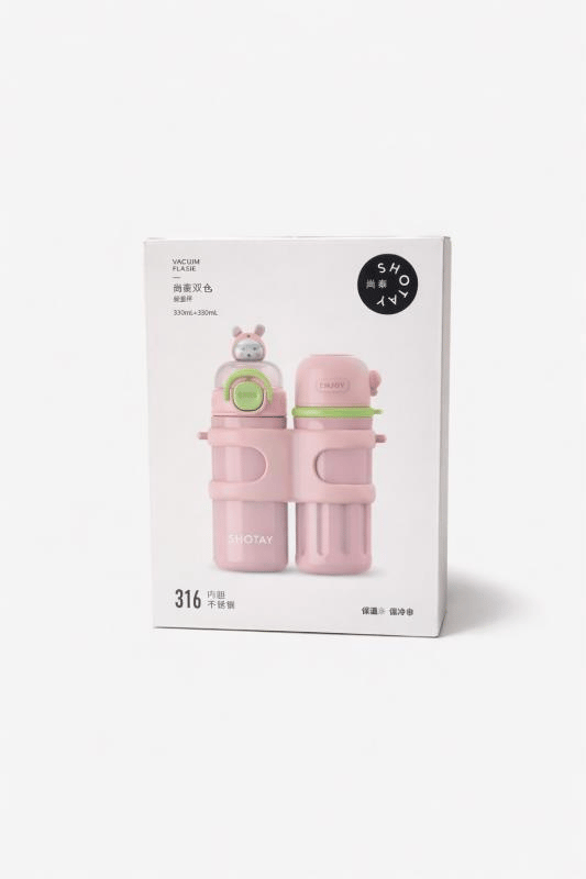 Shotay Termos Matara 330 ml + 330 ml Çift Hazneli 316 Çelik Pipetli Pembe – SHT-ST-8905