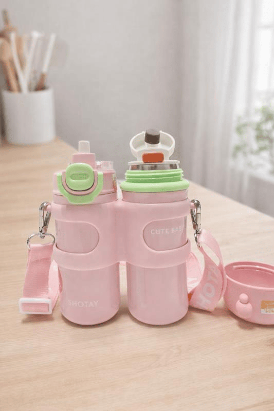 Shotay Termos Matara 330 ml + 330 ml Çift Hazneli 316 Çelik Pipetli Pembe – SHT-ST-8905
