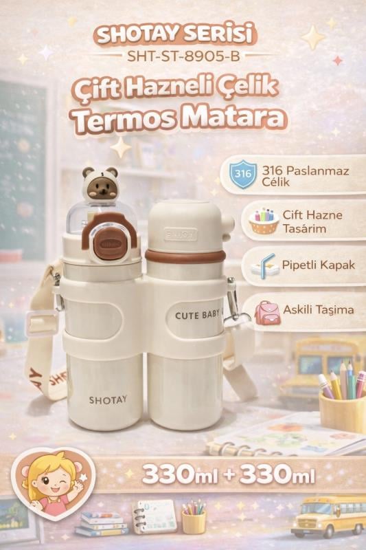Shotay Termos Matara 330 ml + 330 ml Çift Hazneli 316 Çelik Pipetli Krem – SHT-ST-8905