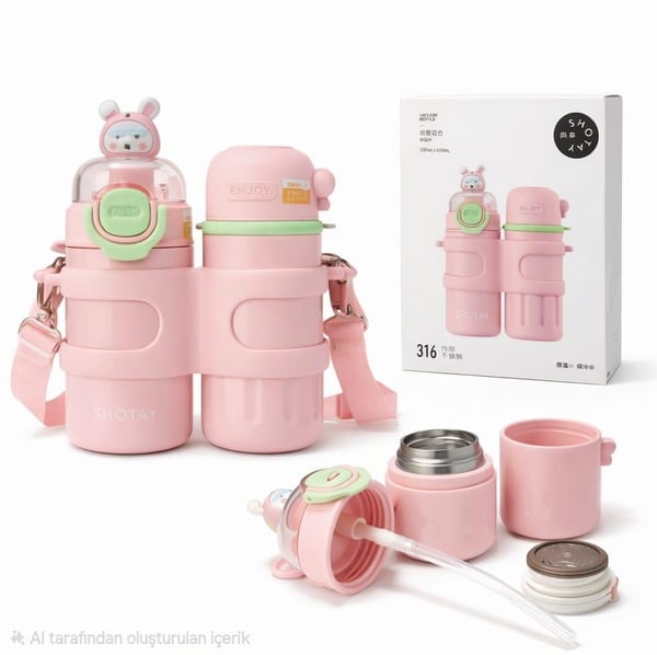 Shotay Termos Matara 330 ml + 330 ml Çift Hazneli 316 Çelik Pipetli Pembe – SHT-ST-8905