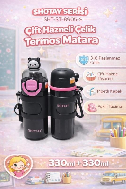 Shotay Termos Matara 330 ml + 330 ml Çift Hazneli 316 Çelik Pipetli Siyah – SHT-ST-8905