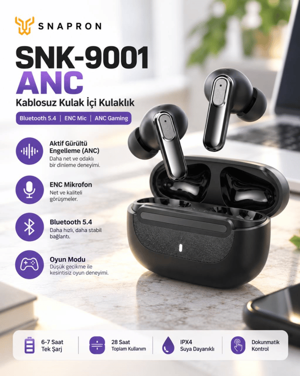 Snapron SNK-9000 Siyah ANC & ENC Kablosuz Bluetooth 5.4 Kulaki İçi Kulaklık