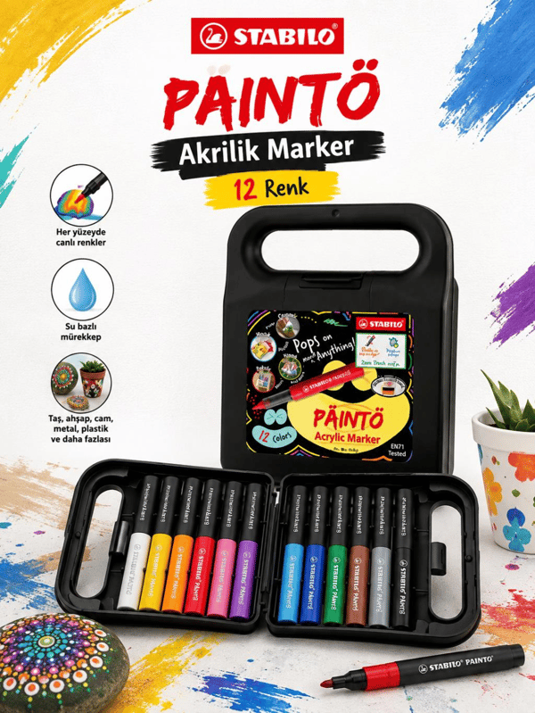 Stabilo 791/12 PAINTO 12 Renk Akrilik Marker Seti Su Bazlı Çok Yüzeyli Boya Kalemi Çantalı