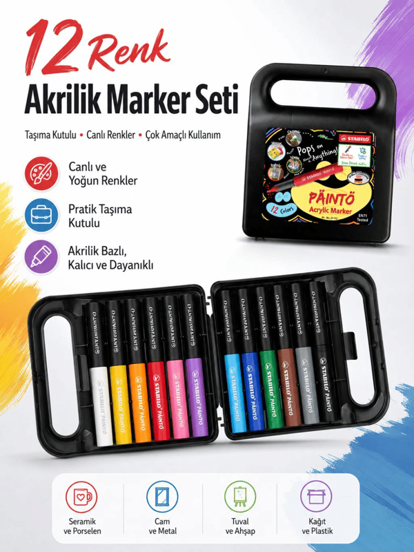 Stabilo 791/12 PAINTO 12 Renk Akrilik Marker Seti Su Bazlı Çok Yüzeyli Boya Kalemi Çantalı
