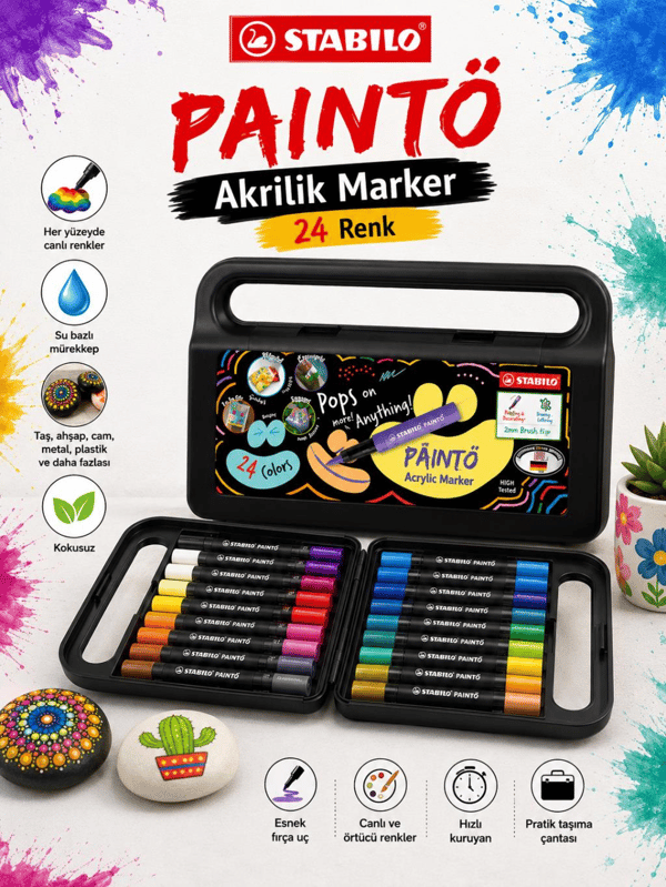 Stabilo 791/24 PAINTO 24 Renk Akrilik Marker Seti Su Bazlı Çok Yüzeyli Boya Kalemi Çantalı