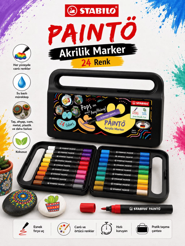 Stabilo 791/24 PAINTO 24 Renk Akrilik Marker Seti Su Bazlı Çok Yüzeyli Boya Kalemi Çantalı