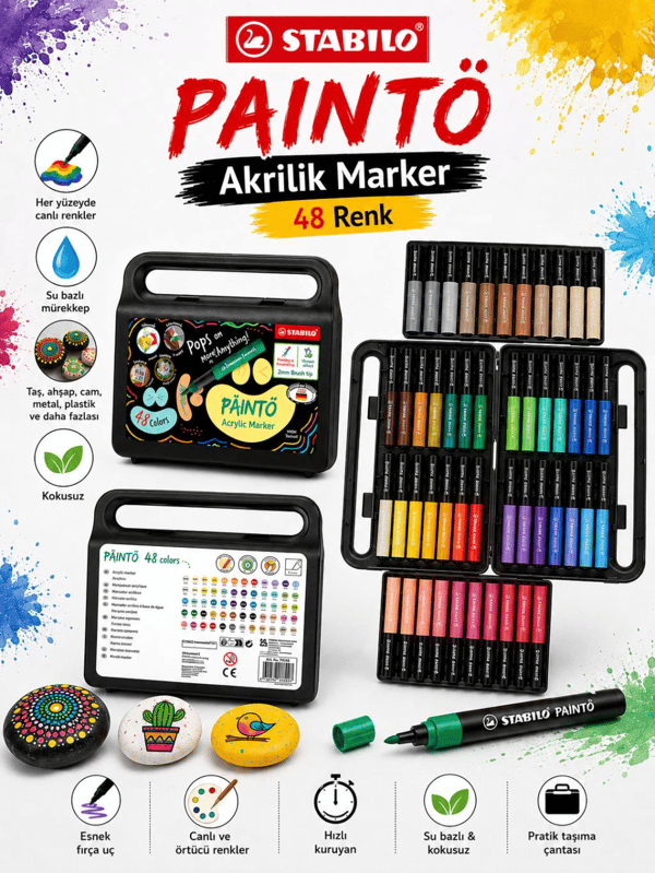 Stabilo 791/48 PAINTO 48 Renk Akrilik Marker Seti Su Bazlı Çok Yüzeyli Boya Kalemi Çantalı