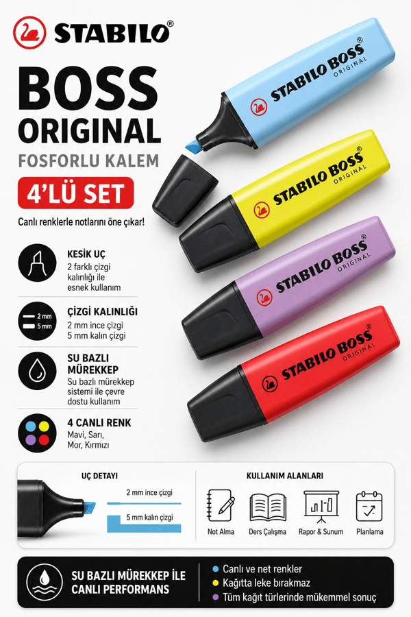 Stabilo Boss Original 4'lü Pastel Fosforlu Kalem Seti