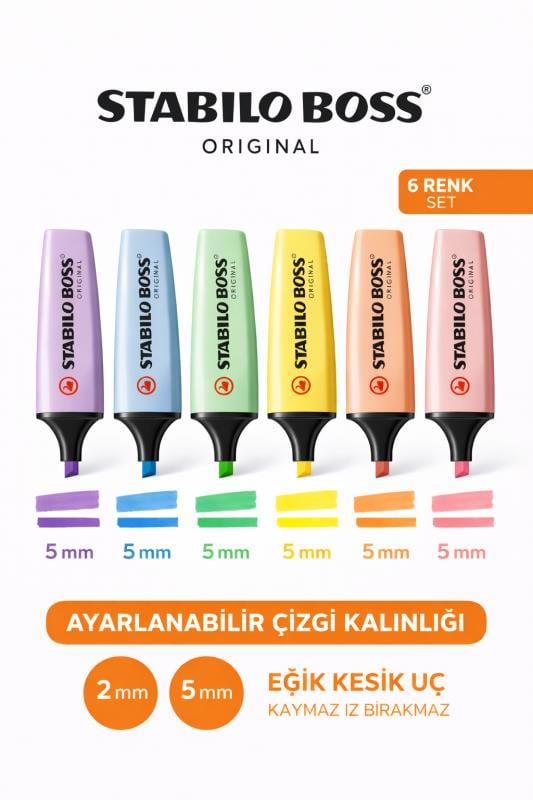 Stabilo Boss Original 6'lı Pastel Fosforlu Kalem Seti – Eğik Kesik Uç 2-5 mm
