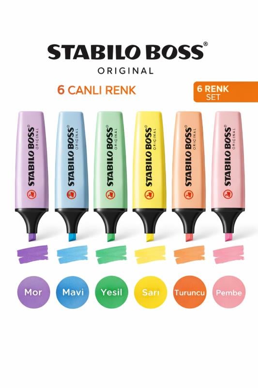 Stabilo Boss Original 6'lı Pastel Fosforlu Kalem Seti – Eğik Kesik Uç 2-5 mm