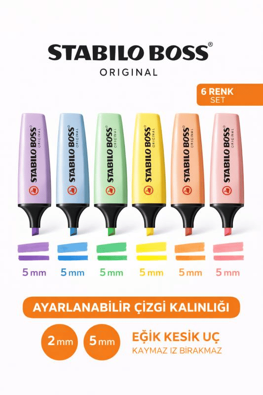 Stabilo Boss Original 6'lı Pastel Fosforlu Kalem Seti – Eğik Kesik Uç 2-5 mm