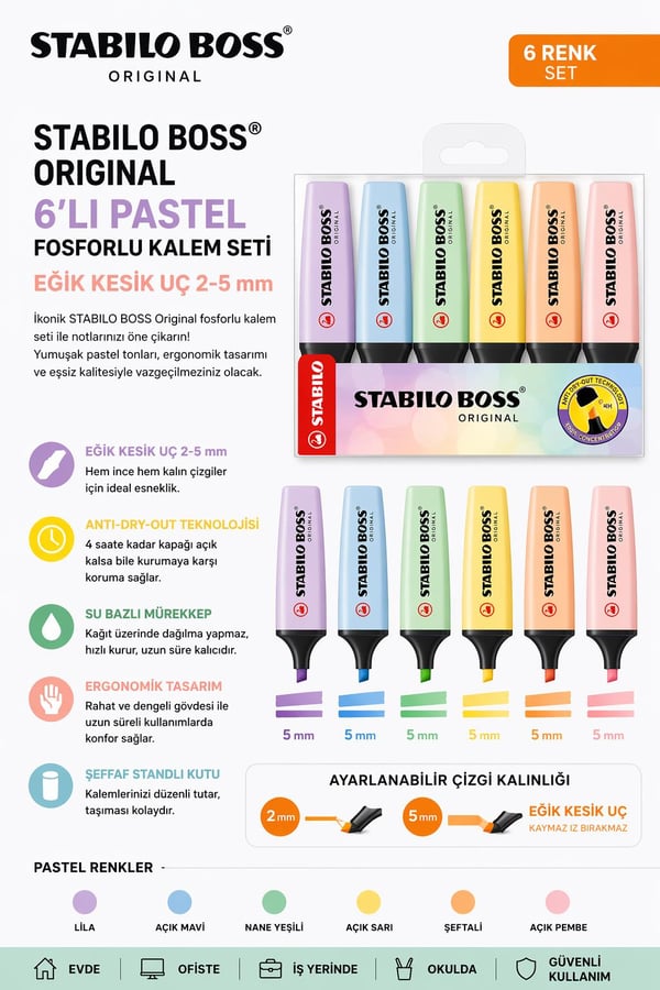 Stabilo Boss Original 6'lı Pastel Fosforlu Kalem Seti – Eğik Kesik Uç 2-5 mm
