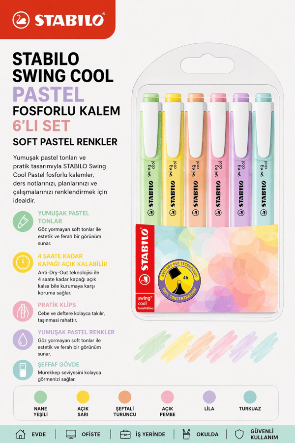 Stabilo Swing Cool Pastel Fosforlu Kalem 6’lı Set – Soft Pastel Renkler