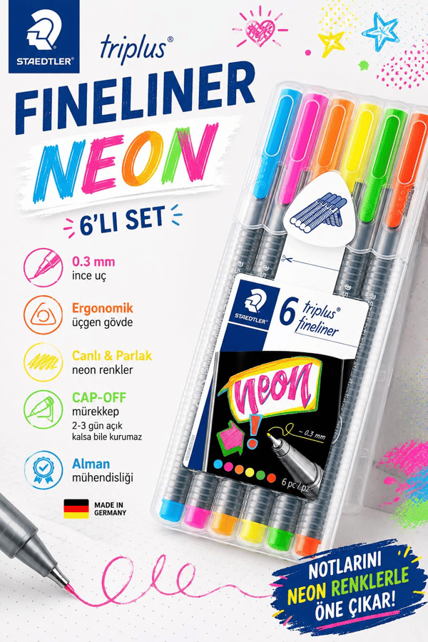 Staedtler 334 Sb6Cs3 Triplus Üçgen Fineliner Neon Renk 0.3 Mm 6'lı Set