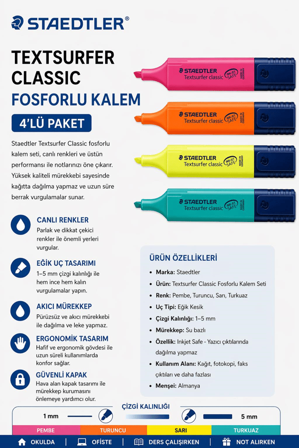 Staedtler Textsurfer Classic  Fosforlu Kalem Seti  4'Lü Paket