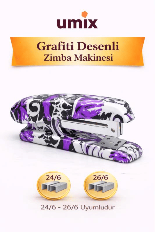 Umix Grafiti Desenli Zımba Makinesi 24/6 – 26/6 Uyumlu Renkli Ofis & Okul Zımbası