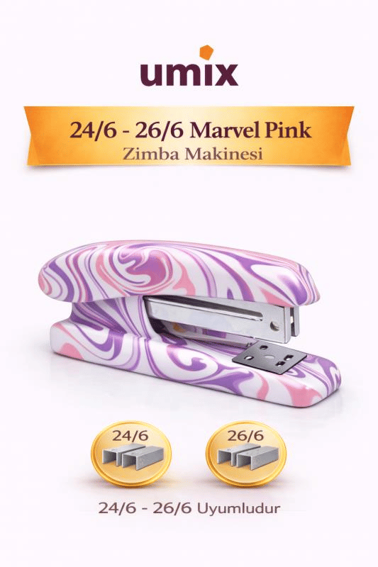 Umix Marbel Pink Desenli Zımba Makinesi 24/6 – 26/6 Uyumlu Renkli Ofis & Okul Zımbası