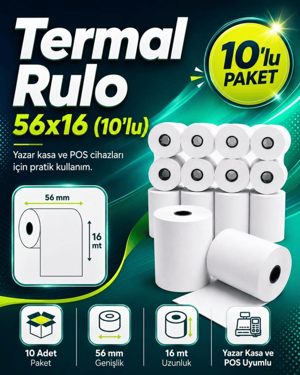 Umur 56x16 m Termal Yazar Kasa POS Rulosu – 10’lu Paket UMUR ÜRETİM