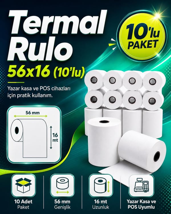 Umur 56x16 m Termal Yazar Kasa POS Rulosu – 10’lu Paket UMUR ÜRETİM