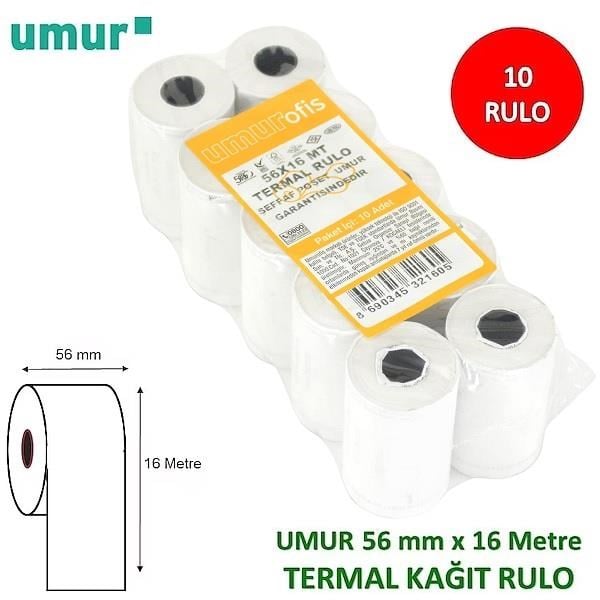Umur 56x16 m Termal Yazar Kasa POS Rulosu – 10’lu Paket UMUR ÜRETİM