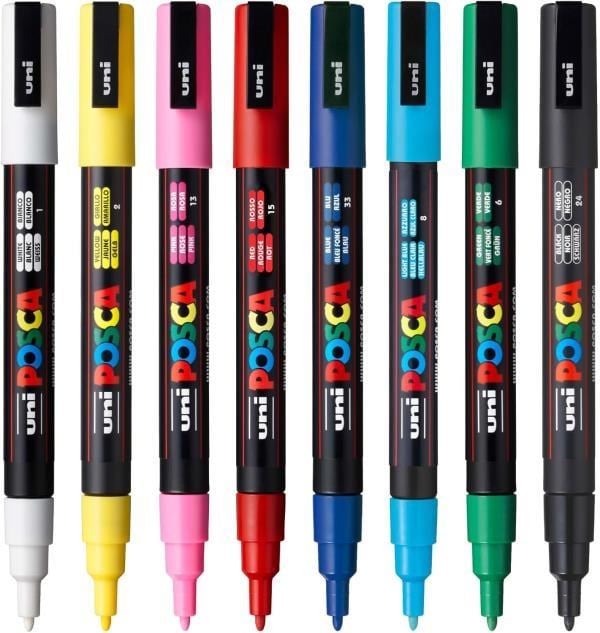 Uni Posca 0.9-1.3 Su Bazlı Poster Markörü Ana Renk 8'li - PC-3M/8C Set