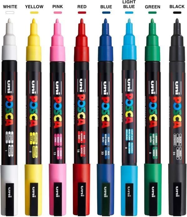 Uni Posca 0.9-1.3 Su Bazlı Poster Markörü Ana Renk 8'li - PC-3M/8C Set
