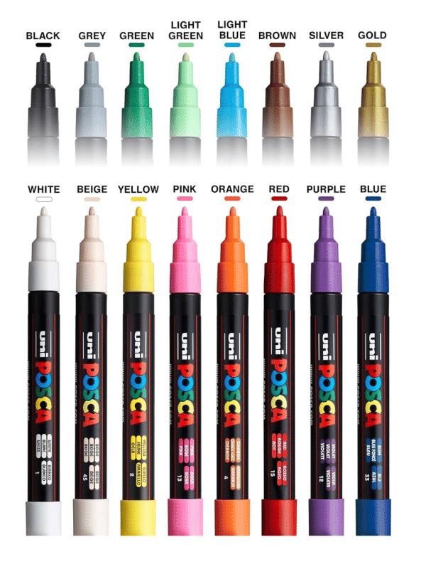 Uni Posca PC-3M Su Bazlı Marker Seti 16’lı (0,9–1,3 mm) – Standart Renkler
