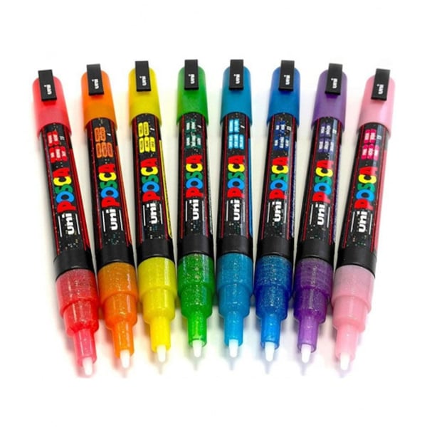 Uni Posca PC-3ML Simli Poster Markörü 8’li Set (0,9–1,3 mm) – Parıltılı Renkler