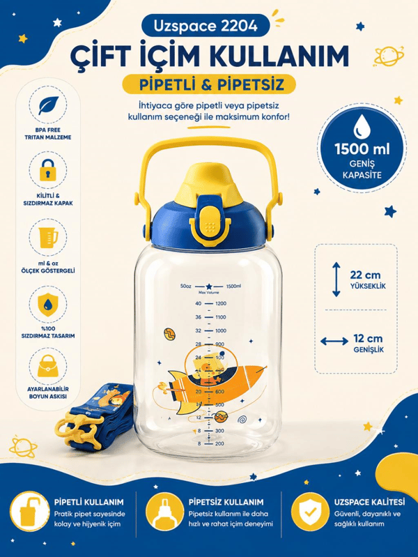 Uzspace 2204 Mavi 1500 ml Çift İçim Ölçek Göstergeli Tritan Çocuk Su Matarası