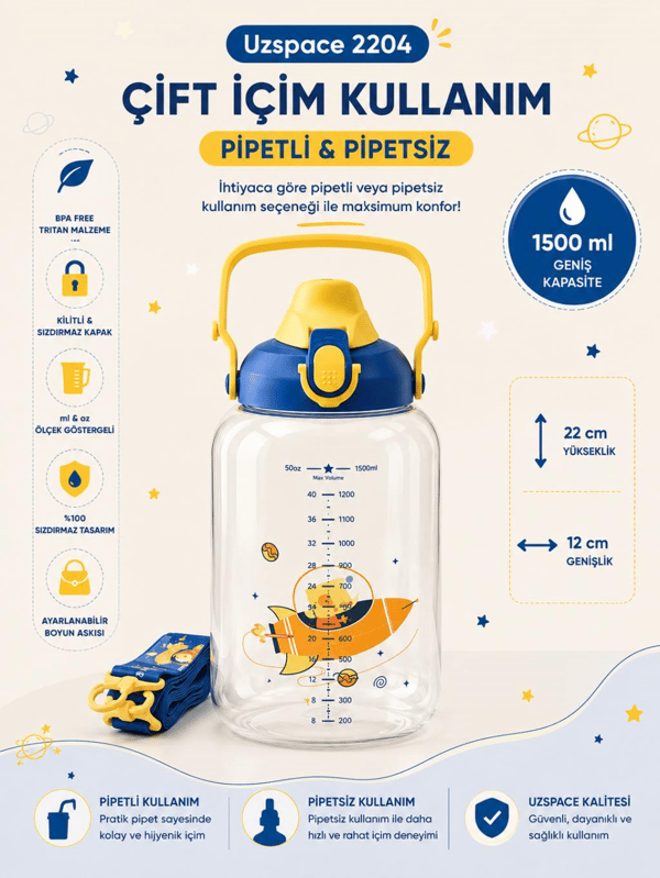 Uzspace 2204 Mavi 1500 ml Çift İçim Ölçek Göstergeli Tritan Çocuk Su Matarası
