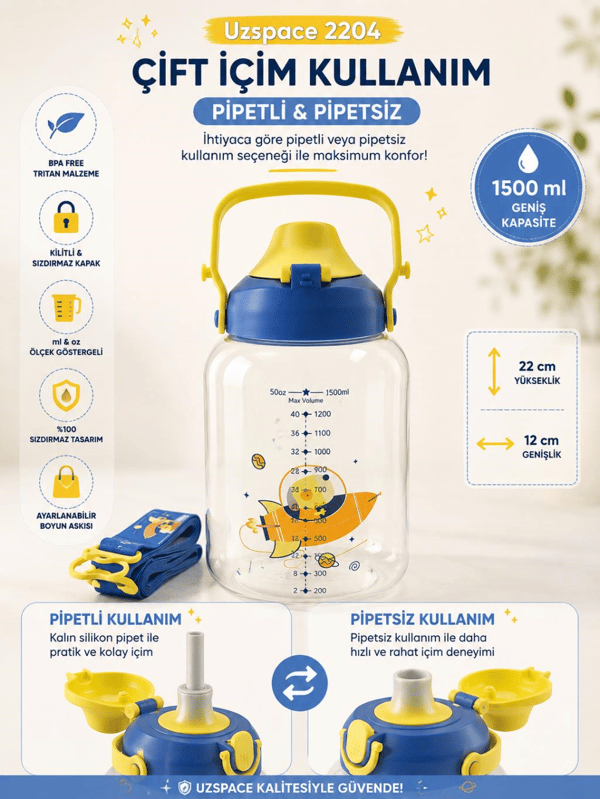 Uzspace 2204 Mavi 1500 ml Çift İçim Ölçek Göstergeli Tritan Çocuk Su Matarası