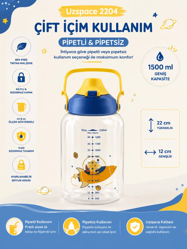 Uzspace 2204 Mavi 1500 ml Çift İçim Ölçek Göstergeli Tritan Çocuk Su Matarası