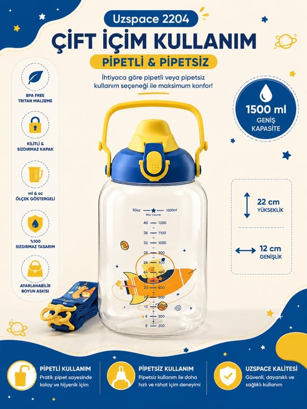 Uzspace 2204 Mavi 1500 ml Çift İçim Ölçek Göstergeli Tritan Çocuk Su Matarası