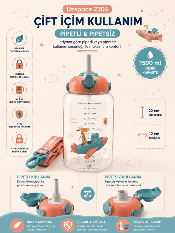 Uzspace 2204 Turuncu 1500 ml Çift İçim Ölçek Göstergeli Tritan Çocuk Su Matarası