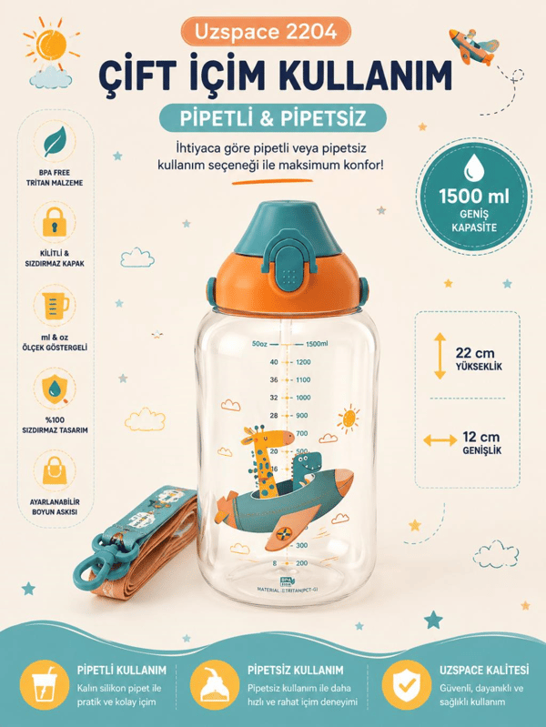 Uzspace 2204 Turuncu 1500 ml Çift İçim Ölçek Göstergeli Tritan Çocuk Su Matarası