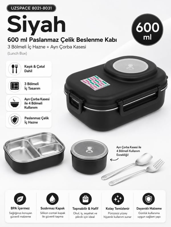Uzspace 8021-8031 Siyah 600 ml 4 Bölmeli Paslanmaz Çelik Beslenme Kabı (Lunch Box)