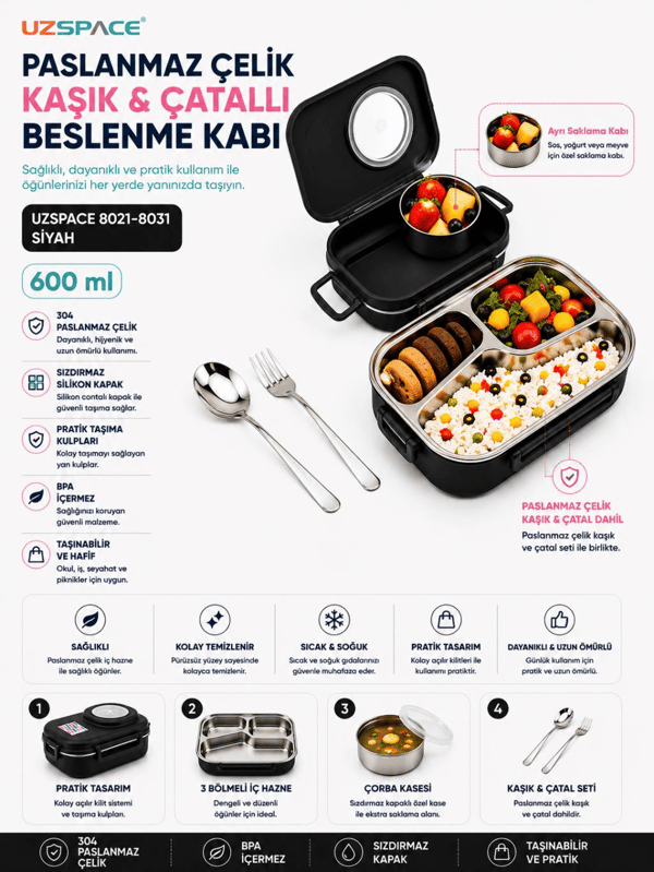 Uzspace 8021-8031 Siyah 600 ml 4 Bölmeli Paslanmaz Çelik Beslenme Kabı (Lunch Box)