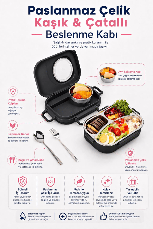 Uzspace 8021-8031 Siyah 600 ml 4 Bölmeli Paslanmaz Çelik Beslenme Kabı (Lunch Box)