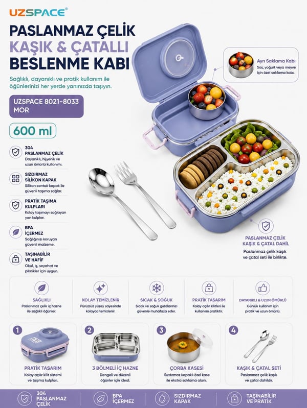 Uzspace 8021-8033 Mor 600 ml 4 Bölmeli Paslanmaz Çelik Beslenme Kabı (Lunch Box)