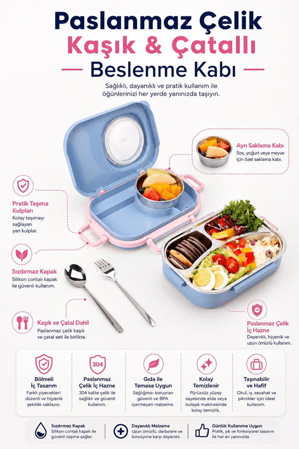 Uzspace 8021-8033 Mor 600 ml 4 Bölmeli Paslanmaz Çelik Beslenme Kabı (Lunch Box)