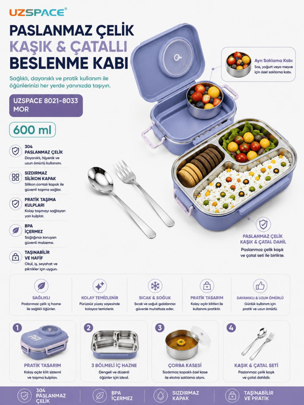 Uzspace 8021-8033 Mor 600 ml 4 Bölmeli Paslanmaz Çelik Beslenme Kabı (Lunch Box)