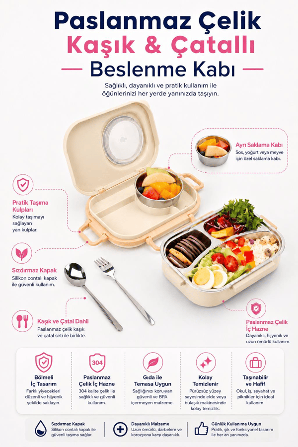 Uzspace 8021-8036 Krem Bej 600 ml 4 Bölmeli Paslanmaz Çelik Beslenme Kabı (Lunch Box)