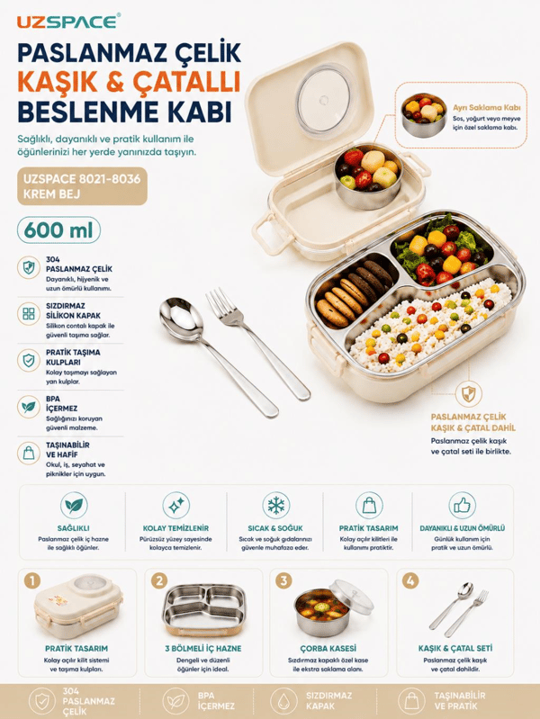 Uzspace 8021-8036 Krem Bej 600 ml 4 Bölmeli Paslanmaz Çelik Beslenme Kabı (Lunch Box)