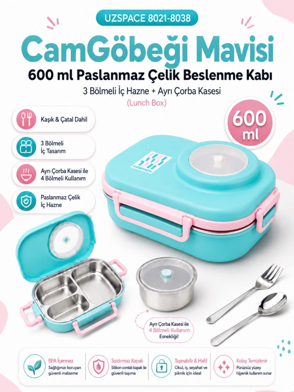 Uzspace 8021-8038 CamGöbeği Mavisi 600 ml 4 Bölmeli Paslanmaz Çelik Beslenme Kabı (Lunch Box)