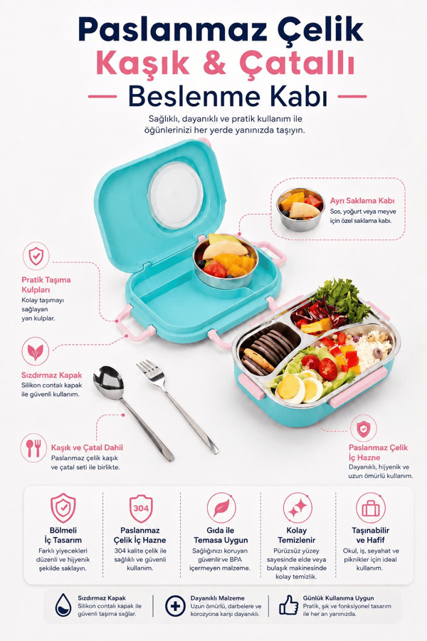 Uzspace 8021-8038 CamGöbeği Mavisi 600 ml 4 Bölmeli Paslanmaz Çelik Beslenme Kabı (Lunch Box)