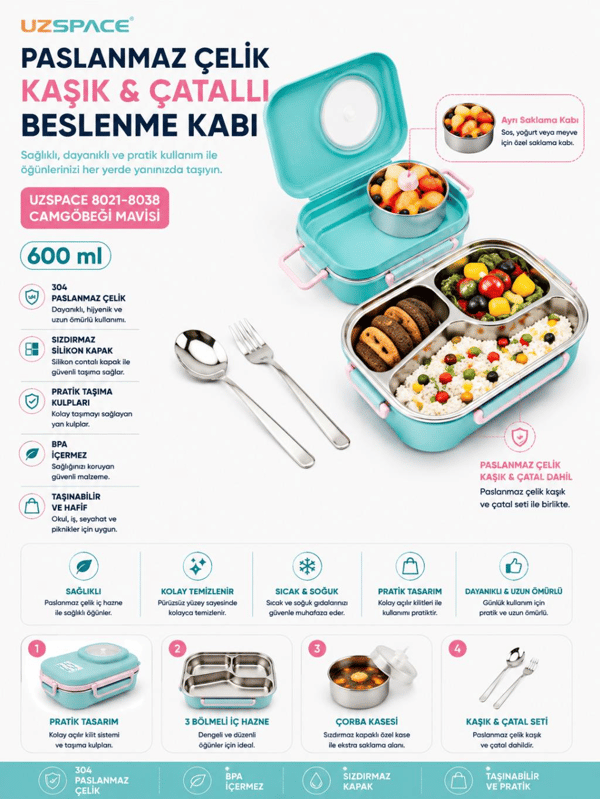 Uzspace 8021-8038 CamGöbeği Mavisi 600 ml 4 Bölmeli Paslanmaz Çelik Beslenme Kabı (Lunch Box)
