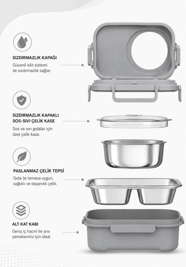 Uzspace 8021-8038 CamGöbeği Mavisi 600 ml 4 Bölmeli Paslanmaz Çelik Beslenme Kabı (Lunch Box)