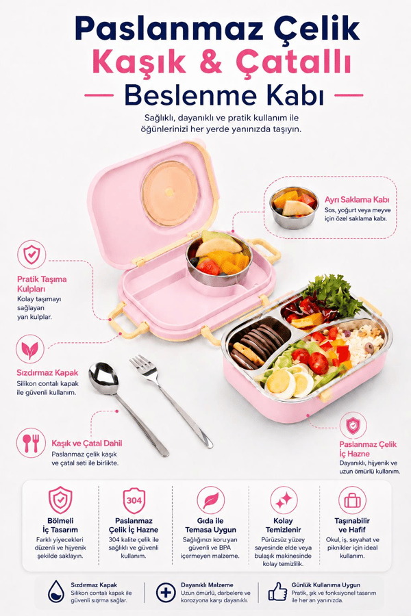 Uzspace 8021-8091 Şeftali Pembesi 600 ml 4 Bölmeli Paslanmaz Çelik Beslenme Kabı (Lunch Box)